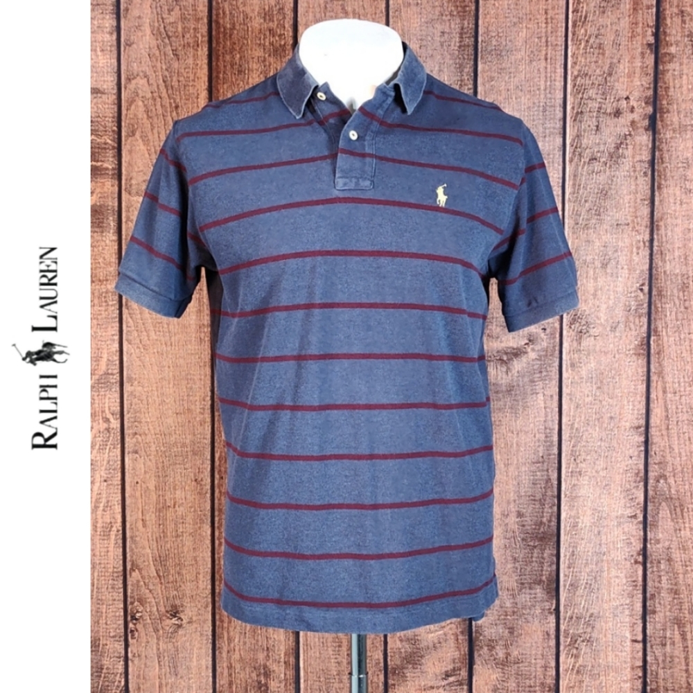 Blue Heather Burgundy Striped Polo With Yellow Pony Excellent Condition